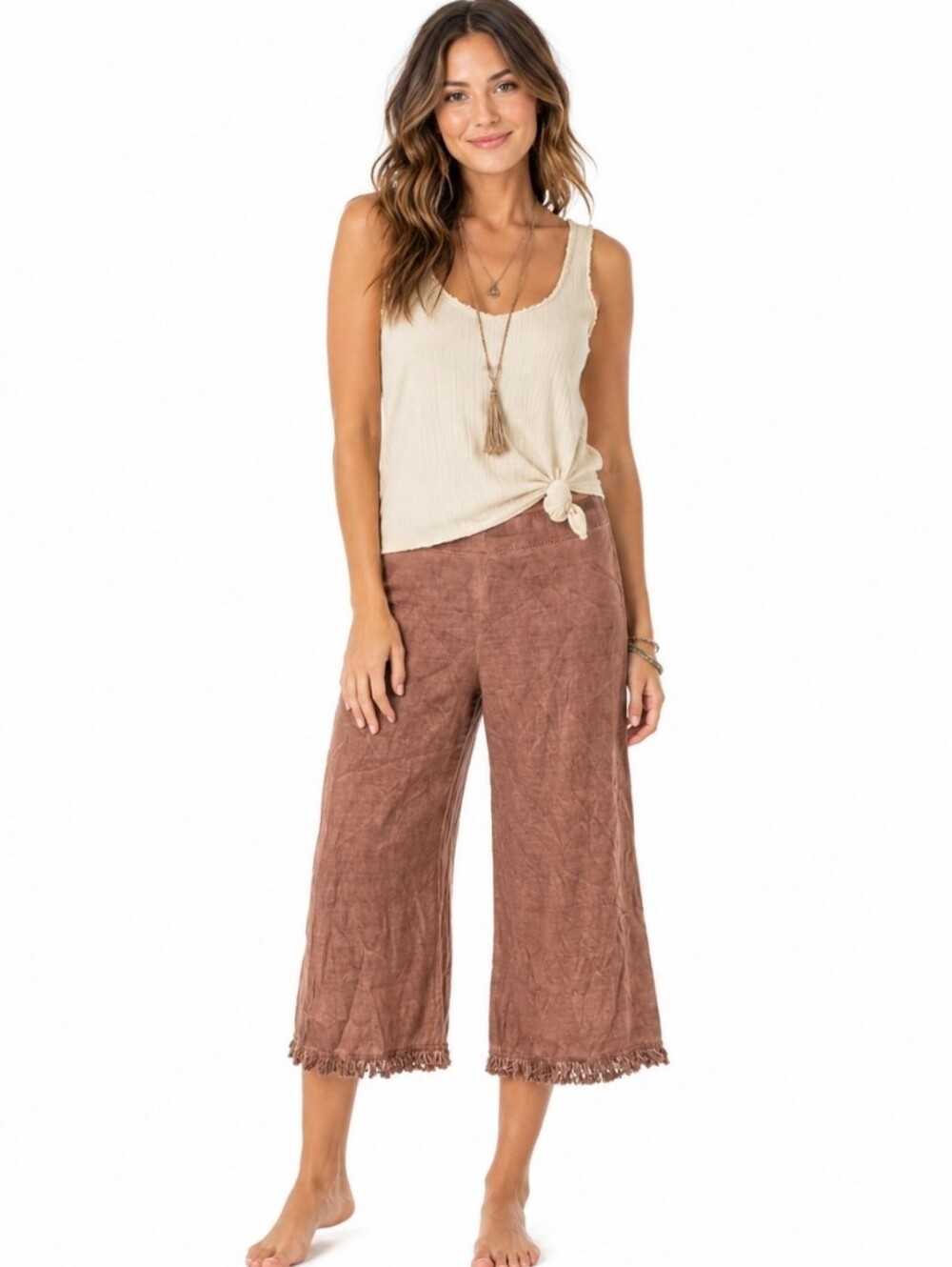 Umgee Mauve Cropped Fringe Boho Wide Leg Pants Sz Med